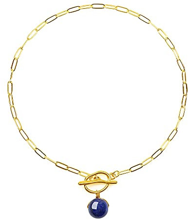 COAI Collar Eslabón de Acero Inoxidable con Colgante Perla Esfera de Lapislázuli Piedra Natural