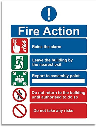 1/2/5/10 Pack Fire Action Notice Sticker 20x15cm – Fire Safety Sign for Evacuation, Assembly Point, and Extinguisher Locations - Self Adhesive Vinyl (1)