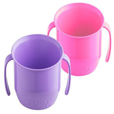 Doidy Cup, Open Cup for Training Baby 6 Months-3 Years, 200ml, Slanted Weaning Cup with Handles for Learning to Drink, BPA Free, 2 Pack (Cerise Pink/Lilac)