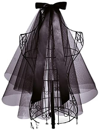 JUSTUSNX Velo corto negro de boda, velo gótico de novia de 2 niveles, velo de lazo para fiesta de Halloween, velo con peine y accesorios de cosplay para mujeres y niñas