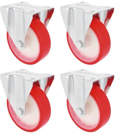 Amig - Pack de 4 Ruedas Fijas - Ø 125 mm - Pletina Metálica - Peso Máximo 170 Kg - Para Mover Muebles Pesados o Electrodomésticos - Rodamientos de Rodillos - Núcleo Nylon Blanco - Poliuretano Rojo