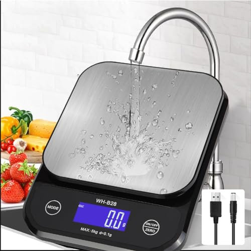 Balance de Cuisine Alimentaire Etanche IP67, Haute Précision 0,01oz/0,1g, 11lb/5kg, Lavable, Plate-forme de Pesée En Acier Inoxydable,Balance Cuisine Numérique Rechargeable Par USB Pour La Cuisine Etc