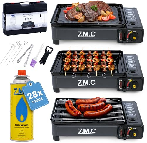 Z.M.C 2-i-1 bärbart campingkök och gasgrill, liten inkl. grilltillbehör, set och resväska 28 x gaspatroner 227 g, balkong bordsgrill, gasspis 2,2 kW med LPG-anslutning för camping, utomhus och inomhus