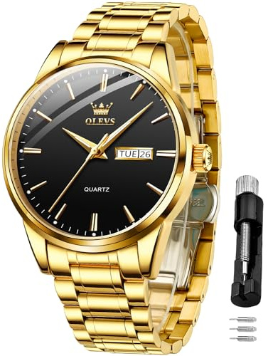OLEVS Hommes Montre en Doré en Or Analogique Quartz Mode Casual Business Dress Montre - Bracelet Date Night Light ImperméAble Cadran Noir