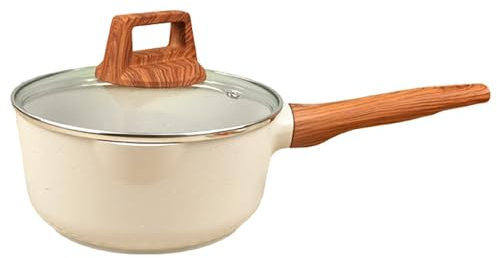 2 Quart Nonstick Sauce Pan with Lid, 18CM Small Sauce Pots for Cooking with Pour Spout, Small Induction Pot with Handle for Stove, Induction, Gas, Non Toxic, PFOA Free (Beige, 1 PCS)