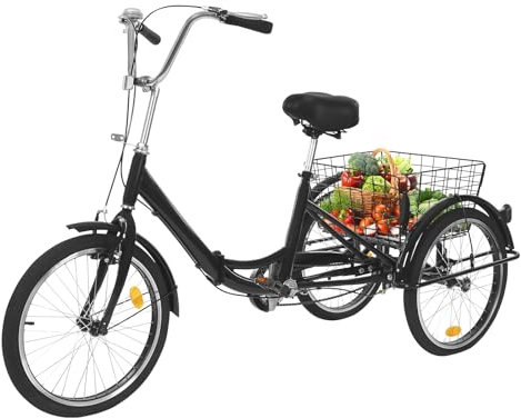 SHIOUCY Dreirad für Erwachsene 20 Zoll Erwachsene Dreirad Tricycle Fahrrad Cruise Bikes Stahl mit hohem Kohlenstoffgehalt für Städte Strände Radwege und Alle Arten Von Straßen Schwarz