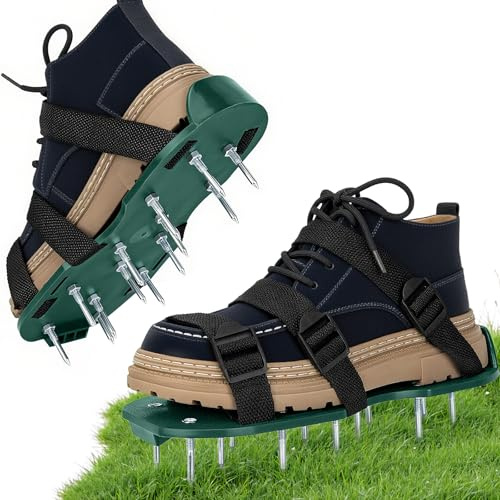 Griwuut gräsmatta, luftningsskor, dubbla remmar på vristen, kraftiga spikade luftande sandaler, effektiv luftning, universalstorlek, förmonterad för gräsmattor, gård, uteplats, trädgård, gräs (grön)