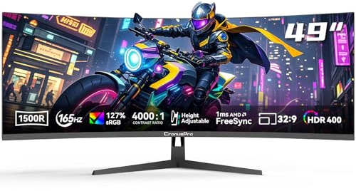 CronusPro 49 Inch Ultra-Wide Curved Gaming Monitor, DQHD(5120×1440) 165Hz, 1ms MPRT, Tilt/Swivel/Height Adjustable, 32:9, 4000:1, 127% sRGB, 1500R, FreeSync, HDR400, HDMI DisplayPort, VESA Mount Black