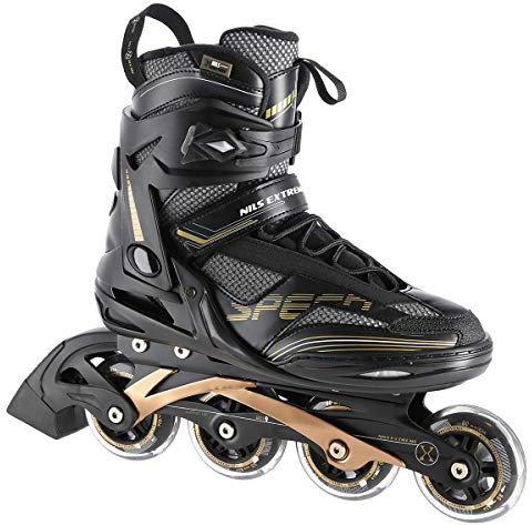 Nils Extreme Inliner für Herren und Damen - Inline Skates - ABEC9 Chrome Kugellager – Rollerblades Erwachsene - 82A Rollen - Rollerskates 44 - Schwarz und Gold - NA2150