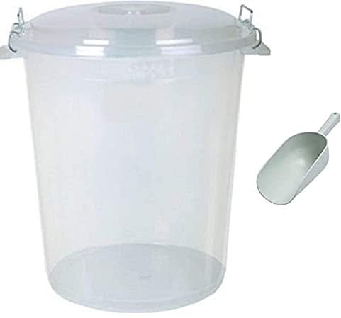 50 Litre Clear/Transparent Plastic Bin with Scoop Kitchen/Food Storage/Container/Rubbish/Waste/Animal Feed Storage (1)