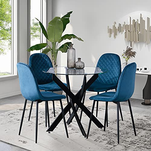 GOLDFAN Esstisch mit 4 Stühlen Esstisch Rund Glas Küchentisch Glas Tisch Esszimmerstuhl aus Samt, 80cm, Blau
