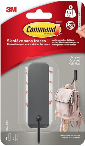 Command selbstklebender Metallhaken, Mattschwarz - 1 Metallhaken, 2 Klebestreifen - zum Aufhängen von Taschen, Kleidung und Schlüsseln - Haken für Wand und Tür, Organisieren ohne Bohren, hält 1,3 kg
