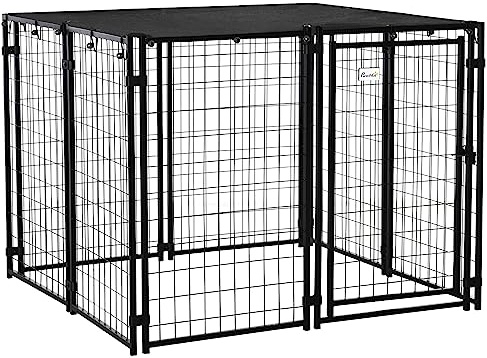 PawHut Recinto per Cani in Acciaio Pieghevole con Copertura, Box per Animali a 8 Pannelli con Porta Bloccabile, 141x141x113cm, Nero