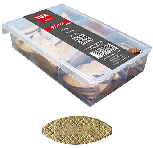 TOX Surtido de tacos planos Biscuit Wood tamaño P0, P10, P20 de madera de haya para fijaciones estables de componentes de madera, compuesto de 3 tamaños, 094900200