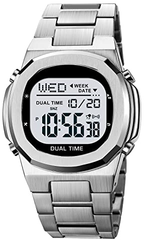 Reginald Men's Multifunctional Electronic Watch Outdoor Sports Watch EL Light Large Digital Display Timing Stainless Steel Watch (Silver)