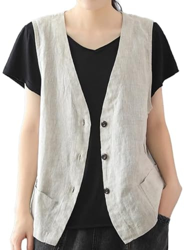IDEALSANXUN Linen Vest for Women Fashion Casual Linen Tops 2025 Summer Clothes Cute Lightweight Sleeveless Blazer Jackets Spring Break Outfits Resort Wear Cardigan, Beige, XL