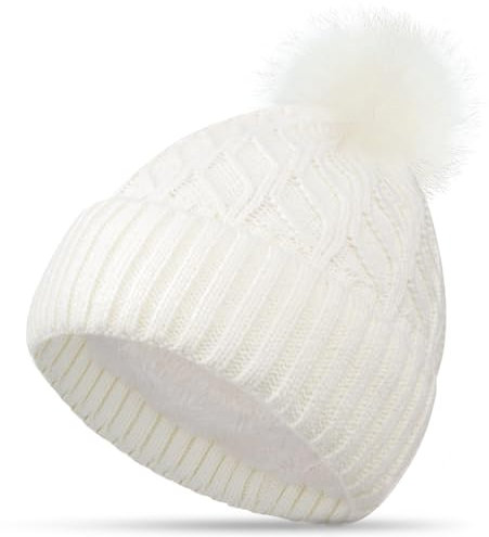 FORVEVO Mütze Damen Winter, Beanie Damen mit Fleece Gefüttert, Warme Wintermütze, Strickmützen mit Bommel für Outdoor Laufen Skifahren (Weiß)