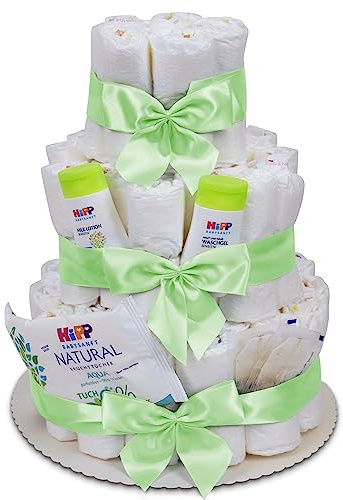 MilaBoo® Torta di pannolini neutra a 3 piani con prodotti premium di I, regalo speciale per la nascita (verde a 3 piani)