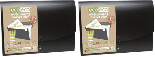 eco-eco A4 50% Recycled 13 Clear Pocket Black Cover Expanding File Organiser - Document Folder - Printed Index Tabs (Pack of 2)