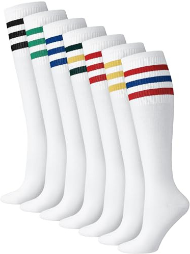 Breathffy 7 Pairs Retro Striped Tube Socks White over the Calf Tube Hoses Men Knee High Striped Athletic Socks for Men, Size 10-13, Multicolor