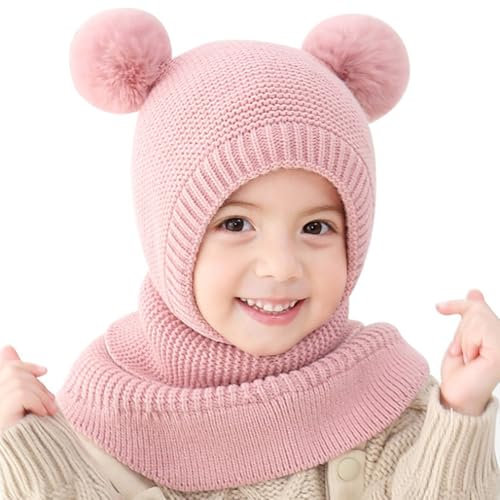 Roysmart Kinder Wintermütze Mädchen, Wintermütze Warm Niedlich Schalmütze, Kinder Bommelmütze Schalmütze Strickmütze mit Bommel Beanie Strickmütze Schalmütze Fleece Mütze für Kinder Mädchen