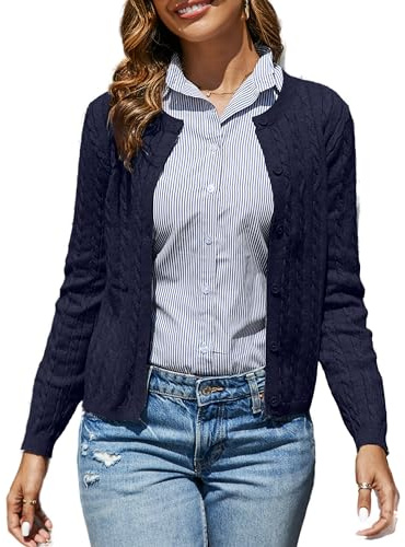 Dosieyeo Gilet en tricot pour femme élégant à manches longues avec motif torsadé douillet col rond veste en tricot avec boutons pour l'automne, bleu marine, L