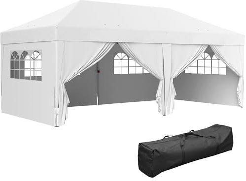 Outsunny Tonnelle de Jardin Exterieur tonnelle Pliante 3 x 6 m Pop-up avec 6 parois latérales, Trous de Drainage, Sac de Transport Inclus, Barnum Pliant pour Camping Festival Mariage, Blanc