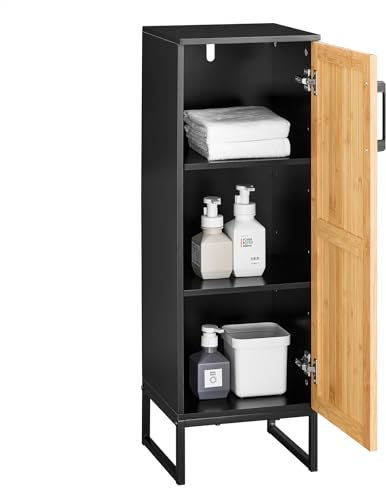 SoBuy Badezimmerschrank schmal 30cm kompakte Badezimmer Kommode mit Tür & Verstellbaren Regalen, Badmöbel für Kleine Bäder, WC, Flur, Negro & Bambus BZR203-SCH