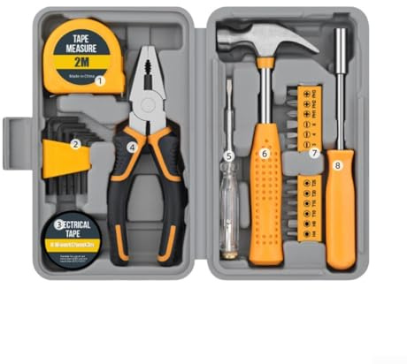 ARMYJY Juego de herramientas manuales, kit de herramientas de 24 piezas, llaves hexagonales, cinta métrica eléctrica, probador de voltaje con caja de herramientas para proyectos de reparación del