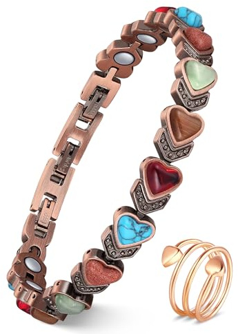 Feraco Pure Copper Bracelets & Rings for Women, Ultra Strength Magnetic Copper Bracelet with 3800 Gauss Magnets, Natural Turquoise & Stones, Adjustable Jewelry Gift (Heart Bloom)