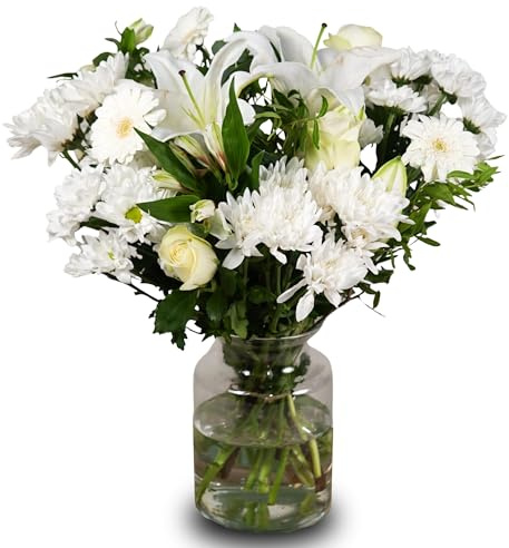 Fleur De Luxe White Simplicity Bouquet - Elegant Roses, Chrysanthemums & Lilies With Lush Foliage for Sympathy, New Baby, Engagement
