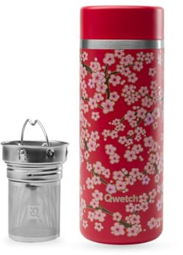 Qwetch Thermoskanne für unterwegs, 400 ml – rote Blumen – Teesieb mit 2 Filtern – 12 Stunden heiß / 24 Stunden kalt – wasserdicht, wiederverwendbar & langlebig – für Tee, Kaffee, Kräutertee, Obst