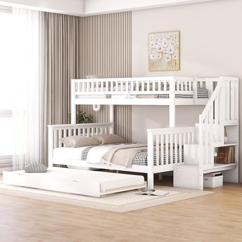 Gelukueub Litera de 90 x 200 cm y 140 x 200 cm, cama con somier (sin colchón), cuna de pino, cama con cajón enrollable y escalera, color blanco
