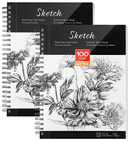 AGPTEK Sketch Book, Art Sketch Book 9''X12, 2 Packs (68lb/100g), Spiral Bound with Easy-to-Remove Pages, Great for Artists, Writers & Illustrators