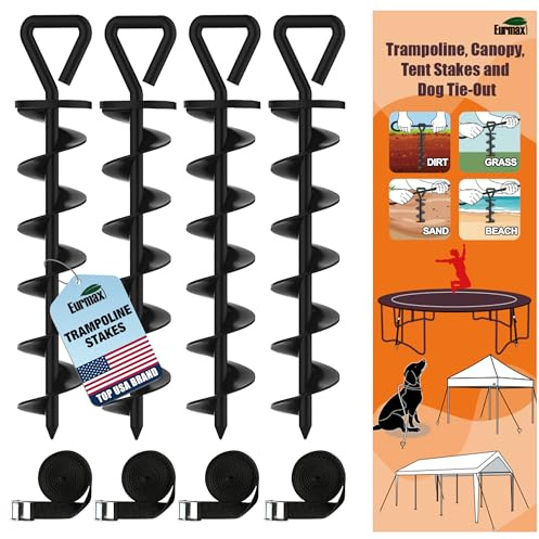 Eurmax USA 4 Pack Heavy Duty Ground Stakes,Industrial Grade Spiral Steel Screw-in Trampoline Anchors with 4 Reinforced Straps,High Wind Stabilizing Kit for Dog Tie-Out,Canopies,Sheds,Swing Sets,Black