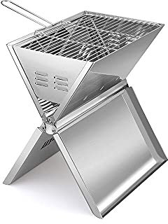 Ved Portable Barbecue Grill - Foldable Notebook-Style 2 to 3 Person BBQ Griller Made with Stainless Steel - Charcoal Smoker for Terrace, Patio, Backyard, Camping, Hiking & Beach Trips - 35x24x39cm