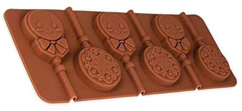 Moule en silicone détaillé pour 6 sucettes, bonhomme mignon avec nœud papillon et étoiles pour chocolats, petite tige, glace, bonbons, gelée, praline pour fêtes, anniversaires, couleur : marron