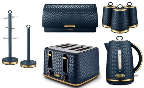 TOWER Empire Midnight Blue 1.7L 3KW Jug Kettle, 4 Slice Toaster, Bread Bin, Set of 3 Canisters, Mug Tree & Towel Pole. Stylish Art Deco Design Kitchen Set of 8 Items