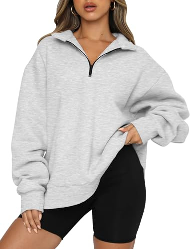 Trendy Queen Women's Oversized Half Zip Fleece Sweatshirts-Cozy Pullover, Drop Shoulder for Fall Winter Grey M