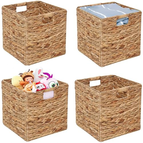 11x11in Storage Baskets 4 Pcs Square Baskets for Cube Shelf,Foldable Handwoven Water Hyacinth Storage Bins for Laundry Organizer