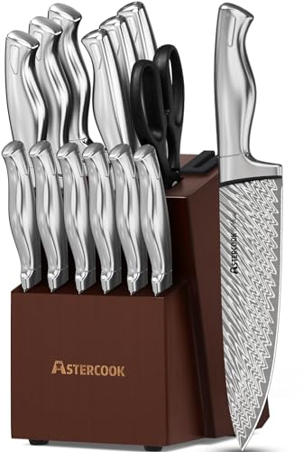 Astercook Knife Set, 15-Piece Kitchen Knife Set with Block, Built-in Knife Sharpener, German Stainless Steel Knife Block Set, Dishwasher Safe, Mothers Day Gifts
