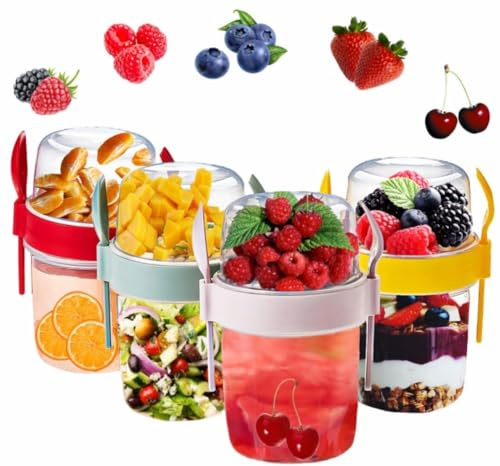 vingardium leviosa VL 4PCs Yogurt Pots Reusable 650ml Oats Container Lids with Spoon & Fork Breakfast to GO Cereal On the Lunch Box Oatmeal Jars, Set of 4(Red, Pink, Grey, Yellow) (Muesli-650)