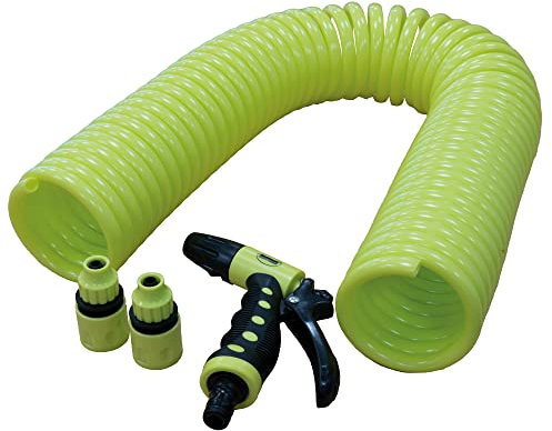Amig - Tubo | Tipo elicoidale a spirale | 15 m | Include 4 accessori | Con pistola di irrigazione, adattatore rubinetto e 2 raccordi rapidi | gomma EVA | verde pistacchio