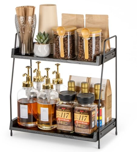 ANBOXIT Organizer per Caffè, Scaffale Piano Cucina, Accessori Bar in Legno, Kitchen Organizer, Scaffale da Banco per Cucina, Casa, Ufficio - Nero