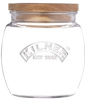Kilner Barattolo universale con coperchio in legno, 0,85 litri, contenitore per alimenti in vetro con guarnizioni in silicone, per alimenti secchi come cereali, pasta e cereali