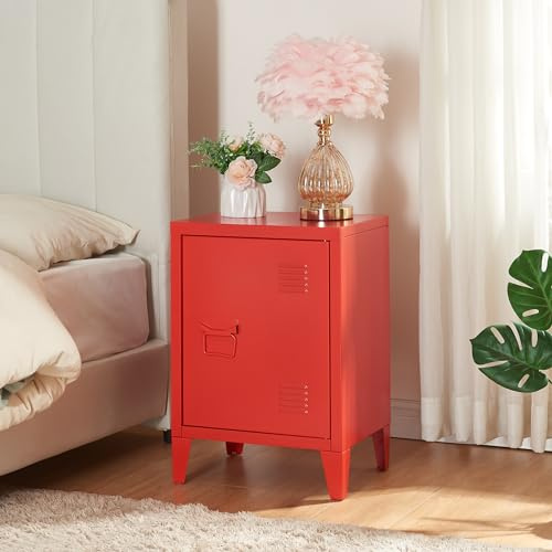 [en.casa] Sängbord Inari med dörr soffbord metall 57x40x30 cm kontorsskåp röd