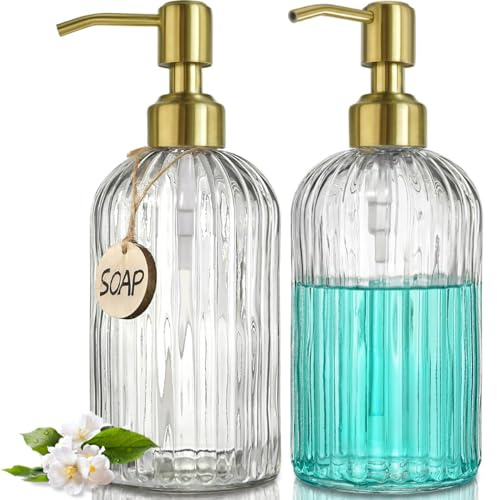 JASAI 2PACK 18Oz Fluted Glass Soap Dispenser with Golden Rust Proof Pump