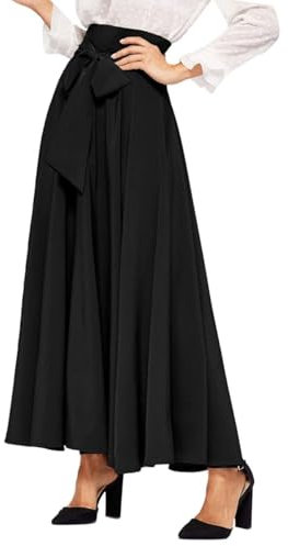 EMOTTOS Maxirock Damen, Maxi Rock Langer Plisseerock mit Schleifenknoten Front Krawatte, Damen Lang Rock A-Linie Hoher Taille Sommerrock Elegant Fließend Vintage, Schwarz M