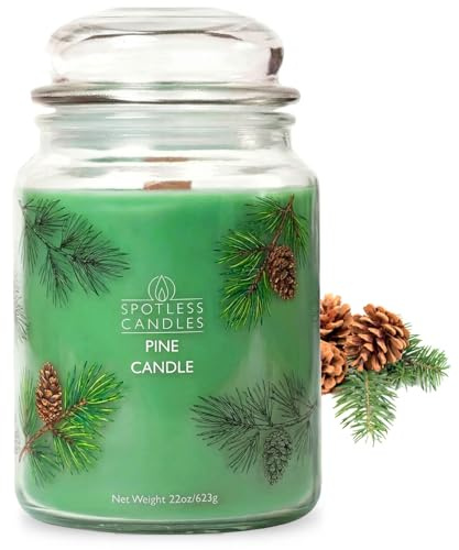 Spotless Candles Pine Candle 22 oz - Up to 130 Hours Burn Time - Crackling Wooden Wick - Clear Glass Jar with Glass Dome Lid - Green, Incense, Cedarwood and Fir - Luxury Gift Boxed