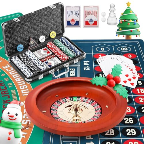 Proshine Super 11” Roulette Wheel set & Blackjack Set with 300pcs Poker Chips + 47.2*23.6” Double-sided Roulette Tabletop + 2 Decks of Playing Cards + 6 Dice + 4 Casino Buttons + Roulette Win Marker